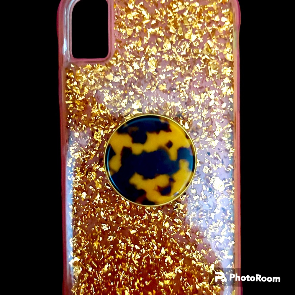iPhone XR  Gold Glitter Case with Glossy Tortoise Shell Pop Socket